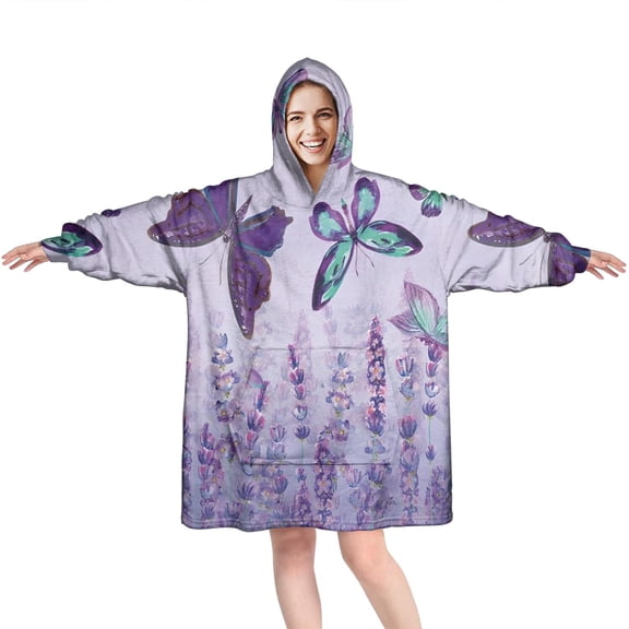 Purple Butterfly Flower Pattern Wearable Oversized Blanket,Wearable Blanket Hoodie for Adults,Cozy Hooded Blankets with Super Pockets,Super Warm Fuzzy Pullover for Women & Men