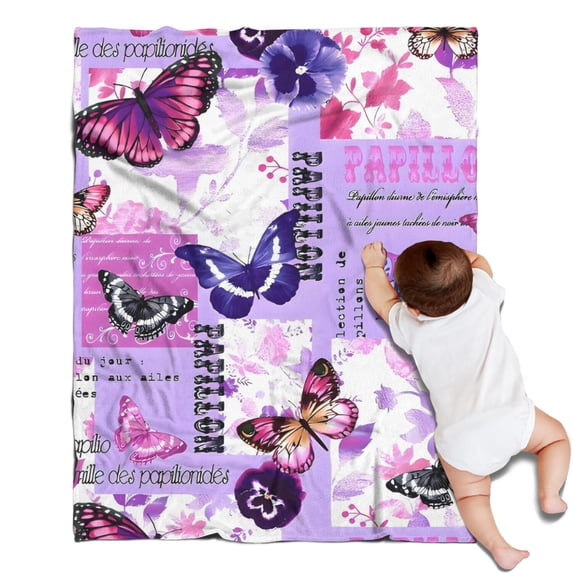 Purple Butterfly Flower Text Pattern Blanket,Comfortable Soft Flannel Throw Blanket,All Season,Warm Lightweight Blankets for Sofa Bed Couch Living Room Chair,30"x40"