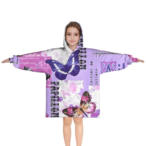 Purple Butterfly Flower Text Pattern Blanket Hoodies for Kids 6-13YR Oversize Wearable Blanket Hoodies for Boys Girls Teens