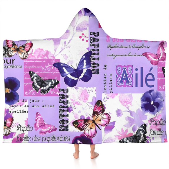 Purple Butterfly Flower Text Pattern Hooded Bath Towel,60"x35" for Ages 3 To 12 Kids, Quick Dry Lightweight Soft Microfiber Hood Beach Towel Cover Up for Kids