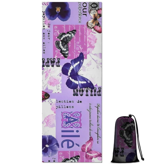 Purple Butterfly Flower Text Pattern Hot Yoga Mat Towel Non Slip for Hot Yoga - Quick-Drying Yoga Mat Cover with 4 Corner Pockets with Travel Bag - Hot Yoga Towel Non Slip 70"x26"