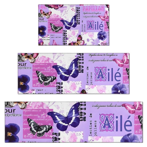 Purple Butterfly Flower Text Pattern Kitchen Rugs Sets Of 3,Kitchen Runner Rugs Non Skid Washable,Decorative Kitchen Floor Mats for Kitchen,Sink,Laundry,17"x30"+ 17"x47" + 17"x59"