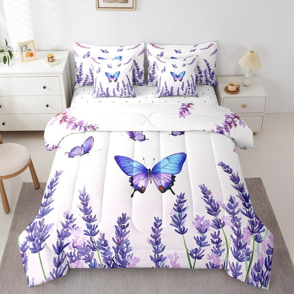 Purple Butterfly Full Bedding Set 7 Pcs Purple Lavender Bed In A Bag Dreamy Butterfly Comforter Set With Sheets Rustic Farm Floral Bed Set Teen Romantic Themed Sheet Set