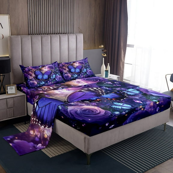 Purple Butterfly Full Sheet Set Rose Flower Print Woman Adult Bed Sheets Set,Galaxy Glitter Decor Sheets,Floral Leaf Flat Fitted Sheet
