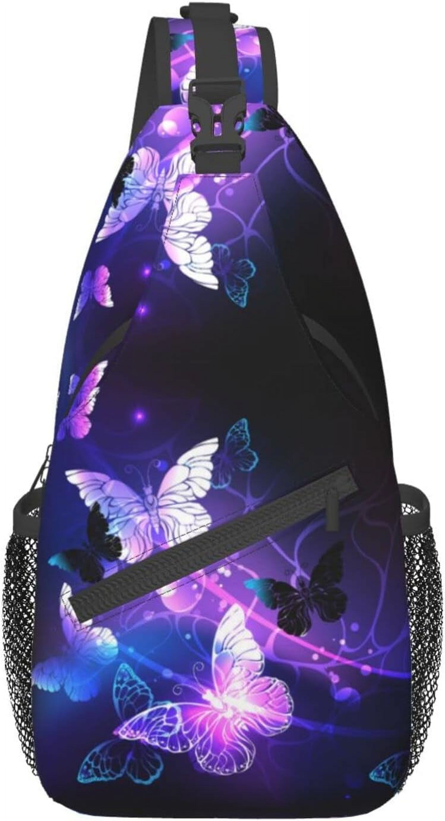 Purple Butterfly Glow In Dark Sling Bag Crossbody Hiking Travel Chest Bags Backpack Shoulder Daypack for Women Men