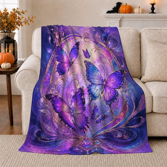 Purple Butterfly Golden Filigree Scene, Ethereal Fantasy Style for Butterfly Lovers, Pumpkin Armchair Display and Halloween Gift, Cozy Flannel Blanket, Home Decor