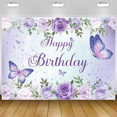 Purple Butterfly Happy Birthday Banner Backdrop Decorations for Women ...