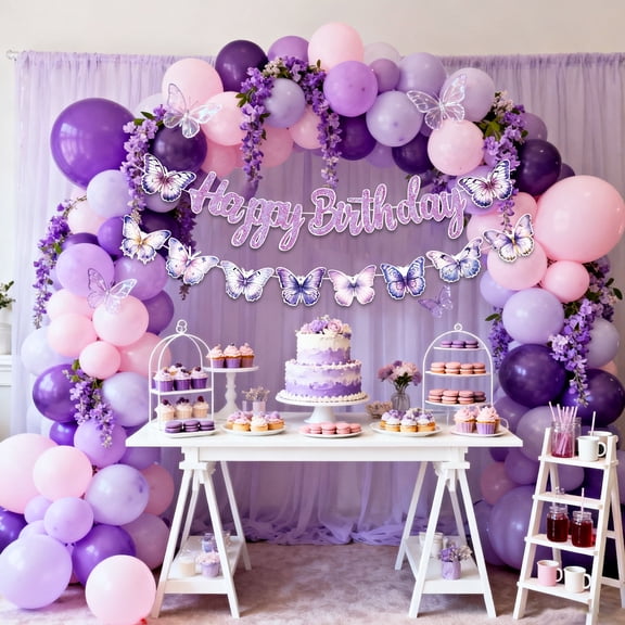 Purple Butterfly Happy Birthday Banner Set - Sparkling Letters & Gradient Butterfly Decorations for Romantic Party Decor
