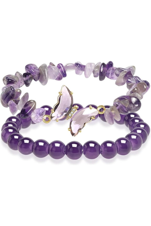 Purple Butterfly Healing Bracelet, Gift Charm Jewelry with Beaded Bracelet for Women