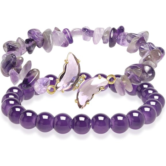 Purple Butterfly Healing Bracelet, Mom Gift Charm Jewelry with Beaded Bracelet for Women