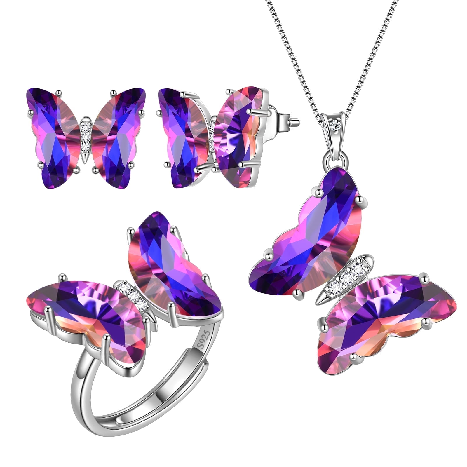 Purple Butterfly Jewelry Sets Earrings Necklace Ring, February Birthstone Jewelry Set Amethyst Sterling Silver Women Birthday Mother's Day Gifts
