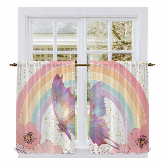 Purple Butterfly Kitchen Curtain for Berdoom Living Room Cafe 54 Inch Length, Cute Rainbow Spring Floral Botanical Tiers Curtains Light Filtering Drapes Rod Pocket Window Treatment 2 Panels 52"Wx54"L
