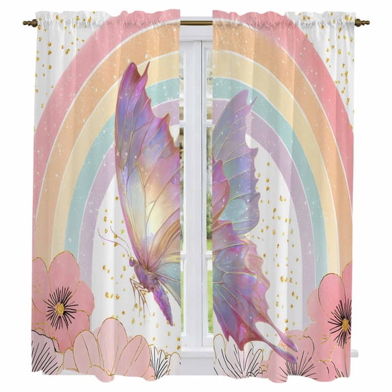 Purple Butterfly Kitchen Curtains 63 Inch Length, Cute Rainbow Spring Floral Botanical Tiers Curtains for Living Room Berdoom Bathroom, Light Filtering Drapes Window Treatment 2 Panels 42"Wx63"L