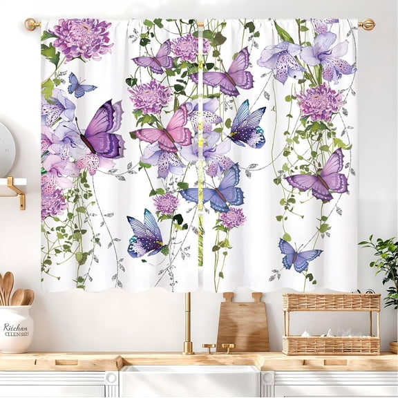 Purple Butterfly Kitchen Curtains Rod Pocket Farmhouse Floral Lavender Lilac Spring Summer Leaves Small Short Cafe Curtains Girly Window Treatment Drapes Home Decor(27.5W X 39L Inch 2 Panels)
