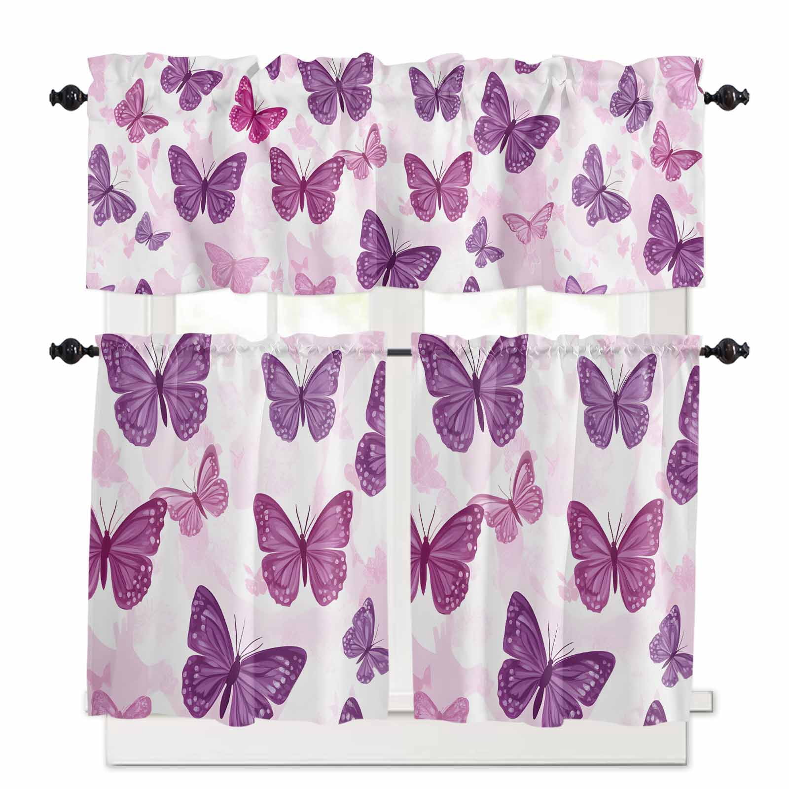 Purple Butterfly Kitchen Curtains Valances and Tiers Set of 3, 36 Inch ...