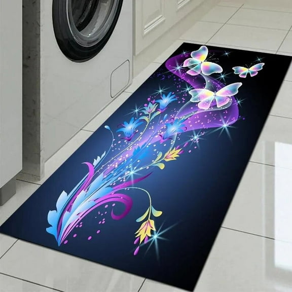 Purple Butterfly Kitchen Floor Mat Home Entrance Doormat Decoration Non-slip Laundry Room Runner Rug for Hallway Bathroom