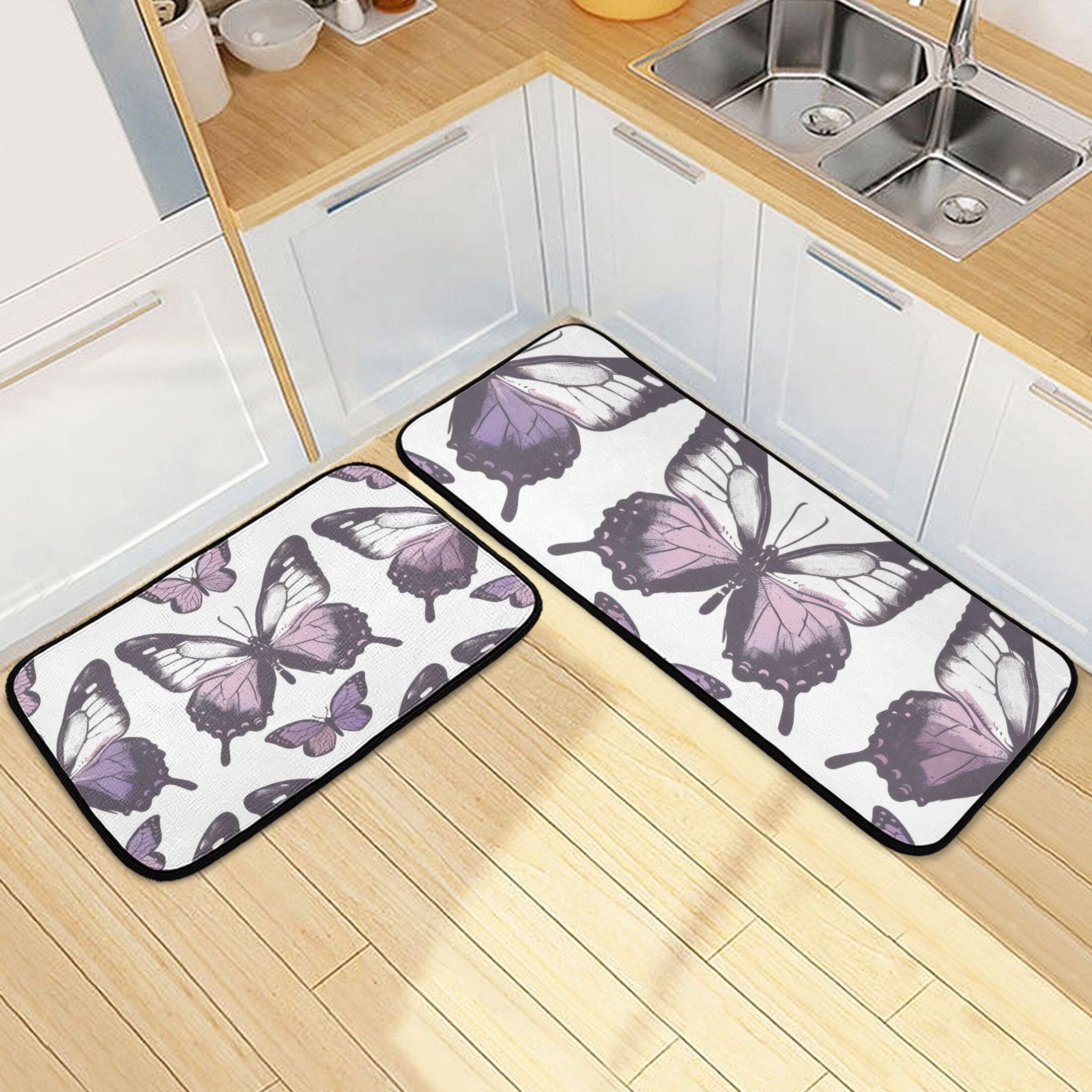 Purple Butterfly Kitchen Mats Set 2 Piece Non Slip Floor Foam Rugs ...