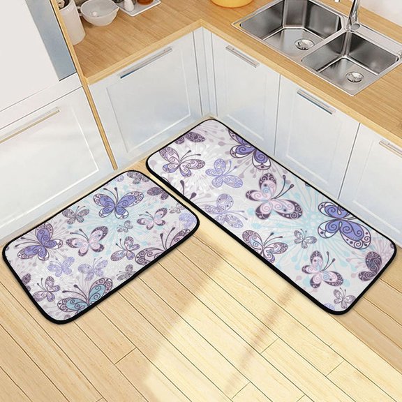 Purple Butterfly Kitchen Rugs Set of 2 Non Slip Floor Foam Mat Cushioned Soft Waterproof Carpet Runner for Dining Room Laundry