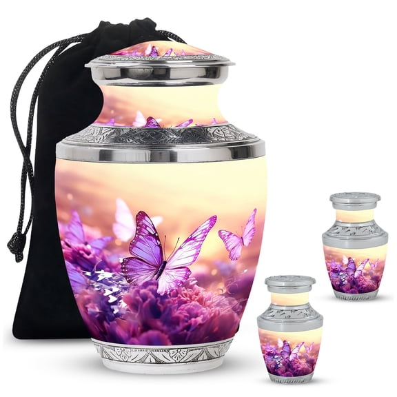 Purple Butterfly Large Urns For Human Ashes Adult Father - Burial Mini Urn For Ashes Adult Women - Memorial Gifts For Decorative Combo 10Inch 200Lbs And 3Inch 2 Keepsake