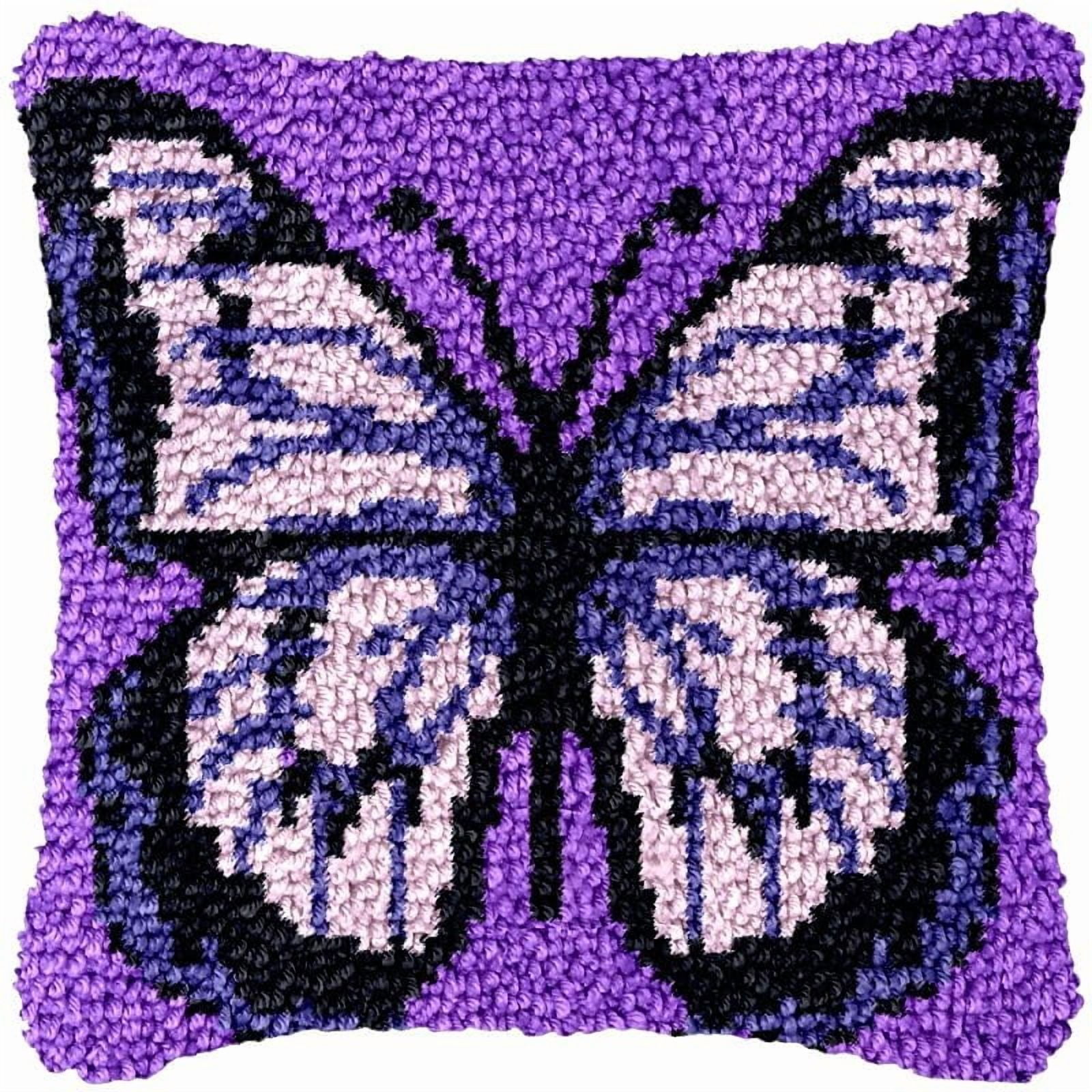 Purple Butterfly Latch Hook Pillow Cover Kits for Needlework Cushion Throw Pillow Cross Stitch Crochet Hook Pillowcase Rug Kits Printed Canvas Crochet Yarn Kits Needlework 17'' X 17''