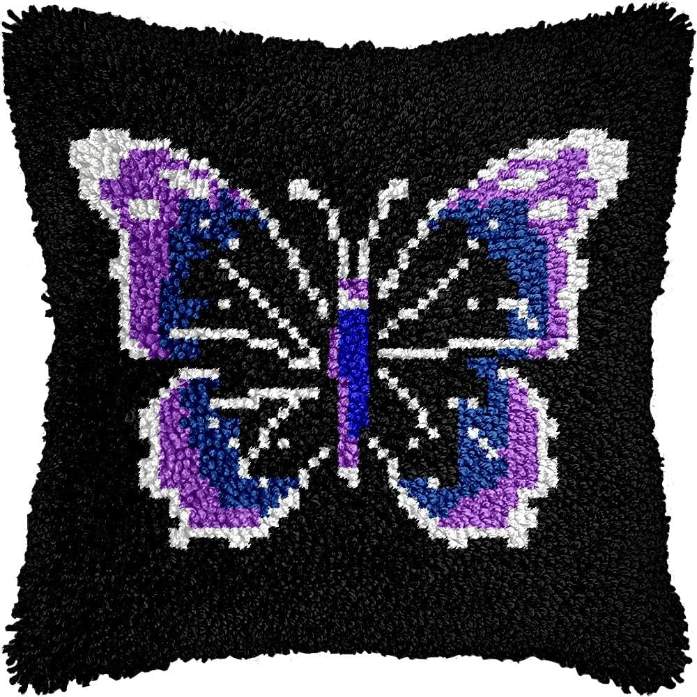 Purple Butterfly Latch Hook Pillow Kits Pillow Cover Latch Hook Crafts Crochet Knitted Hooking Pillowcase Cushion Crafts Embroidery Latch Hooking Kits Material Set 17x17 inch(120)