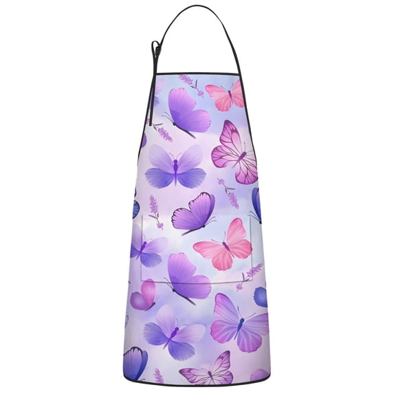 Purple Butterfly Lavender Pattern Apron-Garden Aprons for Women with Pockets-Cotton Linen Waterproof Kitchen Cooking Gardening Aprons Adjustable for Kitchen,Cooking,BBQ and Salon 33x27 Inch