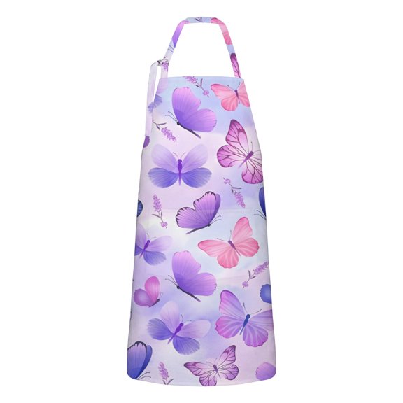 Purple Butterfly Lavender Pattern Apron-Garden Aprons for Women with Pockets-Cotton Linen Waterproof Kitchen Cooking Gardening Aprons Adjustable for Kitchen,Cooking,BBQ and Salon 33x27 Inch