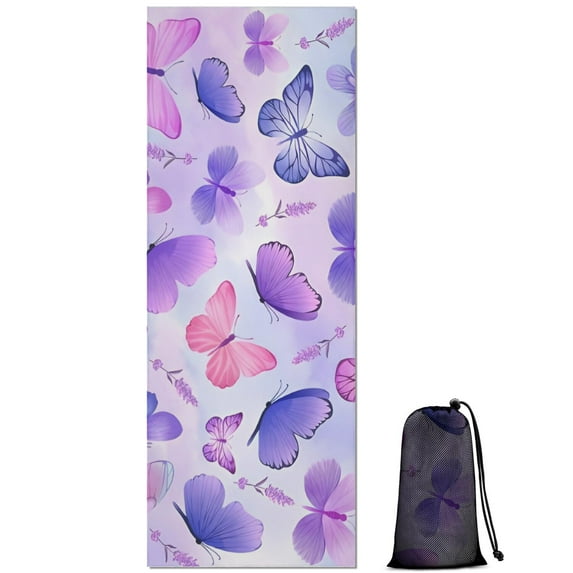 Purple Butterfly Lavender Pattern Hot Yoga Mat Towel Non Slip for Hot Yoga - Quick-Drying Yoga Mat Cover with 4 Corner Pockets with Travel Bag - Hot Yoga Towel Non Slip 70"x26"