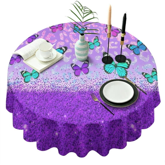Purple Butterfly Leopard Pattern Round Tablecloth 60"x60",Wrinkle Wipeable Table Cloth for Kitchen Dining Room Picnic Patio Party