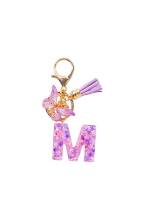 Purple Butterfly Letter M Keychain - Pink Glitter Resin Pendant with Tassel, Compact Size, Fairy Design for Bag Decor, Personalized Gift & Daily Accessory