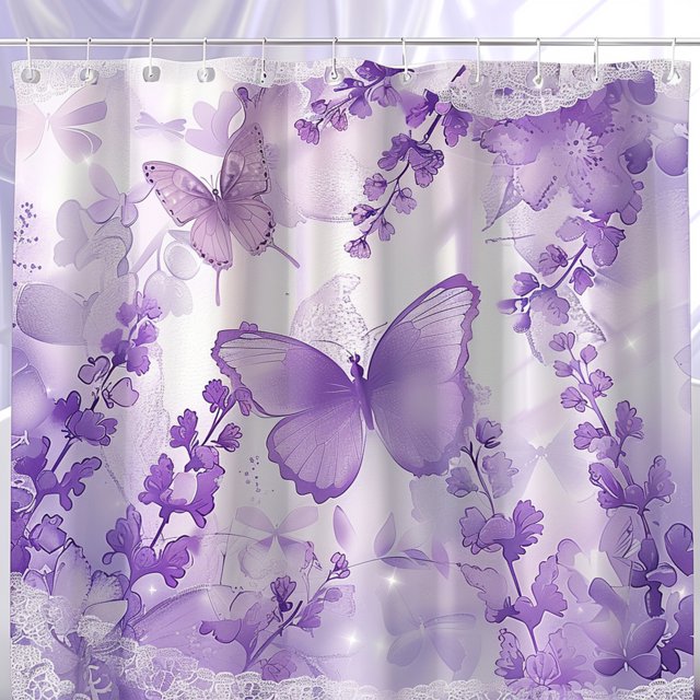 Purple Butterfly Lilac Flower Shower Curtain with White Background ...