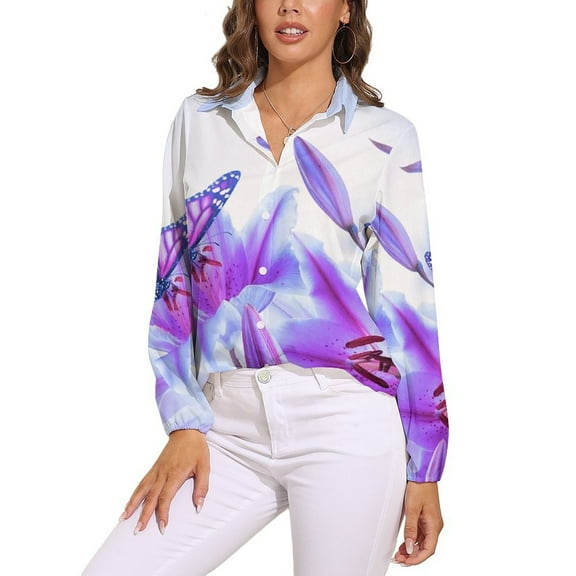 Purple Butterfly Long Sleeve Blouse Woman Streetwear Casual Shirts Summer Oversize Woman Streetwear Clothing Birthday Present