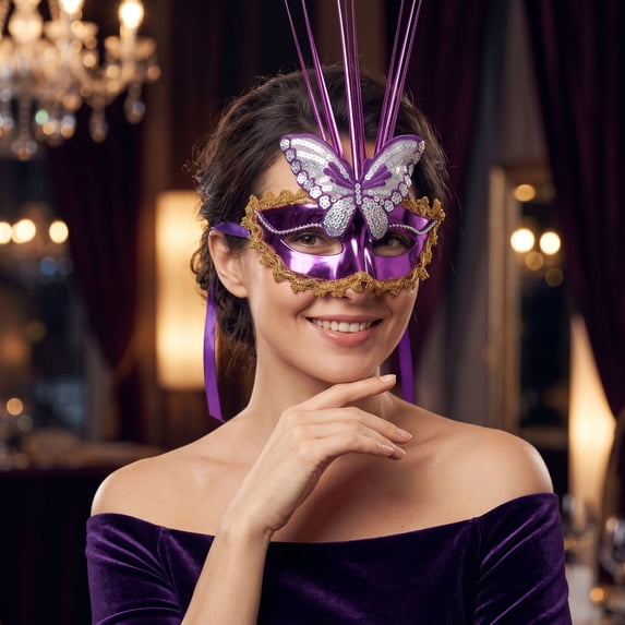 Purple Butterfly Masquerade Mask, 6 Inch Venetian Masquerade Masks for Women Led Mask Accessory for Halloween Party Mardi Gras Event, 1 Pack