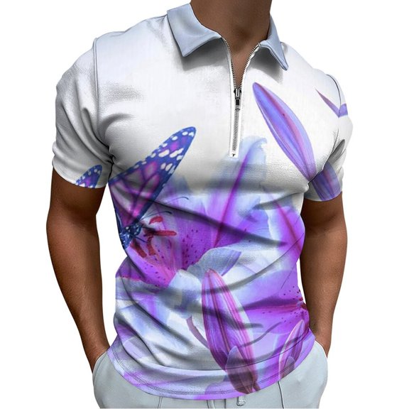 Purple Butterfly Men Zipper T-shirt Summer Casual Short Sleeve T-shirt Top