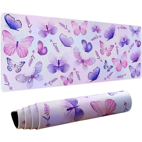 Purple Butterfly Mouse Pad XL, Extended Large Gaming Mouse Pad, Lavender Butterfly Mousepad, Floral Long Big Desk Mouse Mat, Butterfly Decor Stuff Accessories, 31.5 X 11.8 Inch