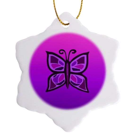 3drose, Purple Butterfly on Purple, 3 inch Snowflake Porcelain Ornament