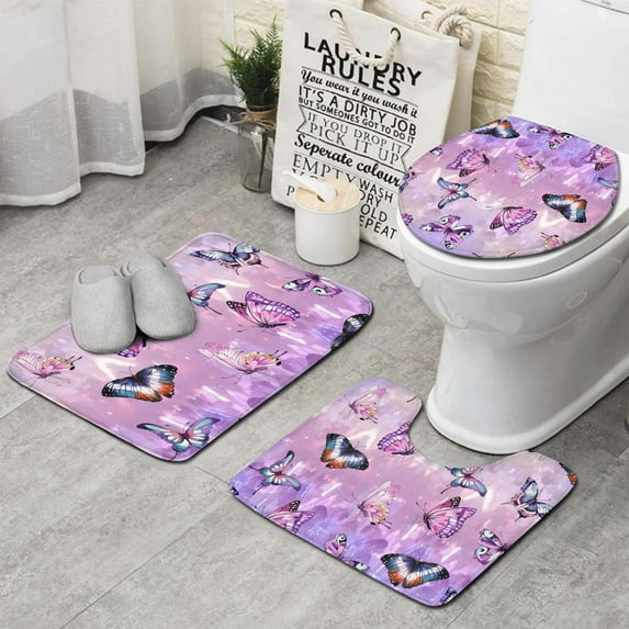 Purple Butterfly Pattern Bathroom Rugs Sets 3 Piece,Toilet Cover Set,Absorbent Non Slip Bathroom Mats Sets with U-Shaped Contour Rug Toilet Rug Set