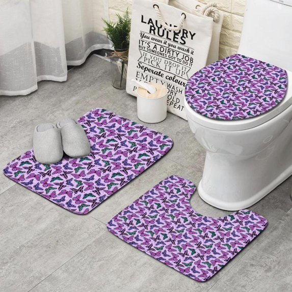 Purple Butterfly Pattern Bathroom Rugs Sets 3 Piece,Toilet Cover Set,Absorbent Non Slip Bathroom Mats Sets with U-Shaped Contour Rug Toilet Rug Set