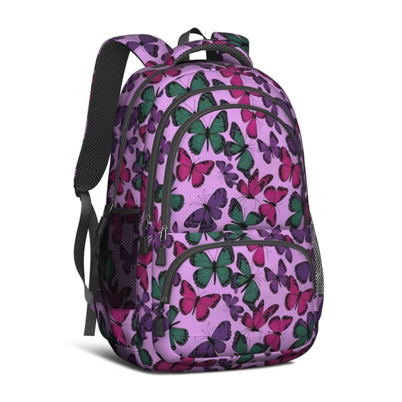 Purple Butterfly Pattern Cute School Backpack Bag with Padded Back and Adjustable Shoulder Straps 16.9 X 12.6 X 5.9 Inches