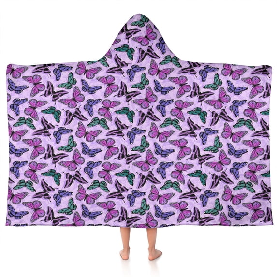 Purple Butterfly Pattern Hooded Bath Towel,50"x30" for Ages 3 To 12 Kids, Quick Dry Lightweight Soft Microfiber Hood Beach Towel Cover Up for Kids