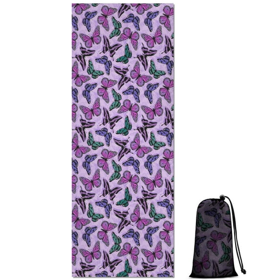Purple Butterfly Pattern Hot Yoga Mat Towel Non Slip for Hot Yoga - Quick-Drying Yoga Mat Cover with 4 Corner Pockets with Travel Bag - Hot Yoga Towel Non Slip Grip Moisture Wicking Sweat 70"x26"