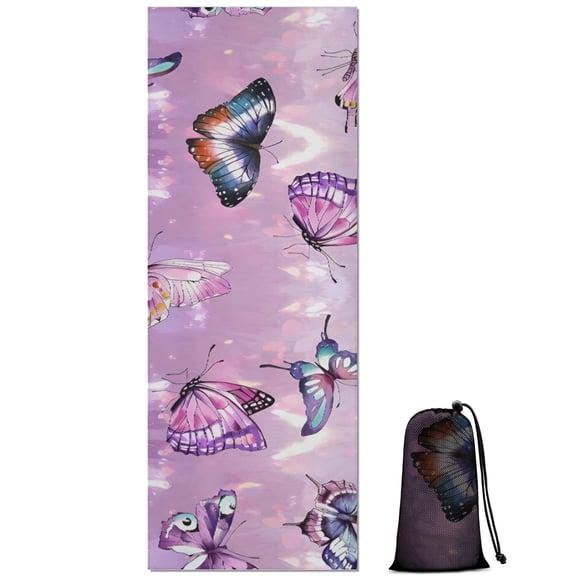 Purple Butterfly Pattern Hot Yoga Mat Towel Non Slip for Hot Yoga - Quick-Drying Yoga Mat Cover with 4 Corner Pockets with Travel Bag - Hot Yoga Towel Non Slip Grip Moisture Wicking Sweat 70"x26"