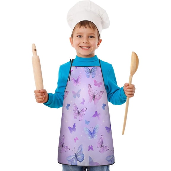 Purple Butterfly Pattern Kids Aprons for Girls and Boys,Adjustable Neck Strap Toddler Aprons for Kids Cooking Baking