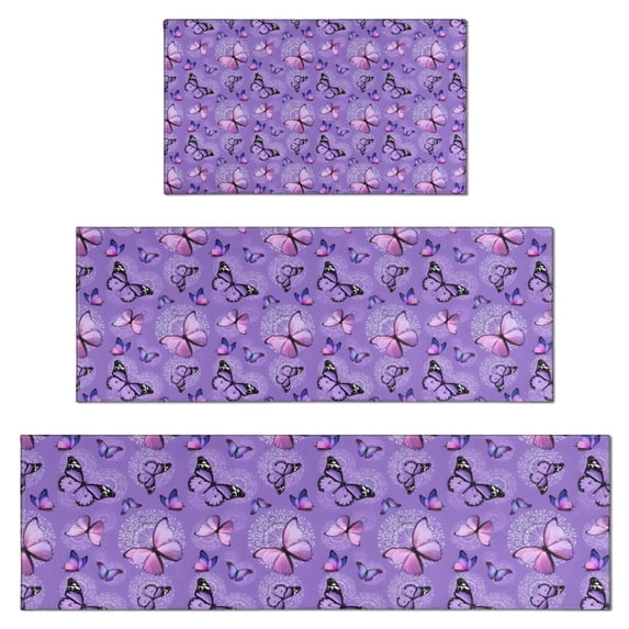 Purple Butterfly Pattern Kitchen Rugs Sets Of 3,Kitchen Runner Rugs Non Skid Washable,Decorative Kitchen Floor Mats for Kitchen,Sink,Laundry,17"x30"+ 17"x47" + 17"x59"