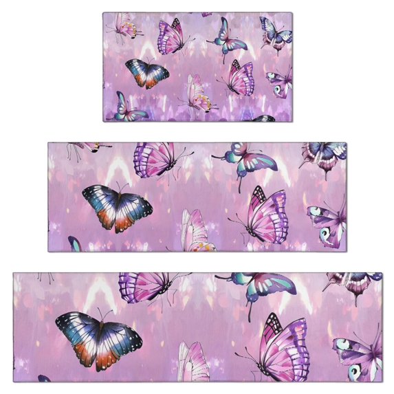 Purple Butterfly Pattern Kitchen Rugs Sets Of 3,Kitchen Runner Rugs Non Skid Washable,Decorative Kitchen Floor Mats for Kitchen,Sink,Laundry,17"x30"+ 17"x47" + 17"x59"