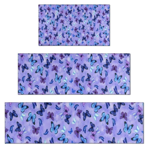 Purple Butterfly Pattern Kitchen Rugs Sets Of 3,Kitchen Runner Rugs Non Skid Washable,Decorative Kitchen Floor Mats for Kitchen,Sink,Laundry,17"x30"+ 17"x47" + 17"x59"