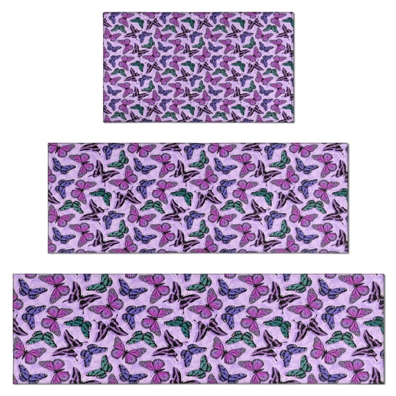 Purple Butterfly Pattern Kitchen Rugs Sets Of 3,Kitchen Runner Rugs Non Skid Washable,Decorative Kitchen Floor Mats for Kitchen,Sink,Laundry,17"x30"+ 17"x47" + 17"x59"