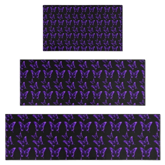 Purple Butterfly Pattern Kitchen Rugs Sets Of 3,Kitchen Runner Rugs Non Skid Washable,Decorative Kitchen Floor Mats for Kitchen,Sink,Laundry,17"x30"+ 17"x47" + 17"x59"
