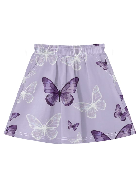 Purple Butterfly Pattern Print Cotton Skirt Built-in Liner Elastic A-Line Flared Skirt with Pockets