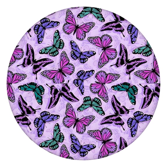 Purple Butterfly Pattern Round Fitted Tablecloth with Elastic Edge,Dining Table Cover Waterproof,Outdoor Round Tablecloth for Camping,Dining,Indoor and Outdoor